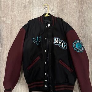 NYC Varsity Jacket with Maroon Sleeves